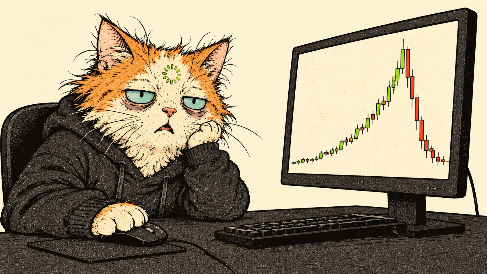 Lag Cat in a dark hoodie staring at a trading chart that has already peaked